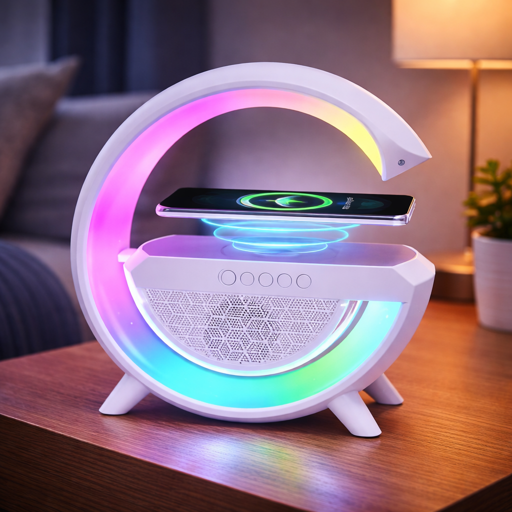 Lámpara G RGB 3 en 1 – Altavoz Bluetooth, Carga Inalámbrica y Reloj Despertador