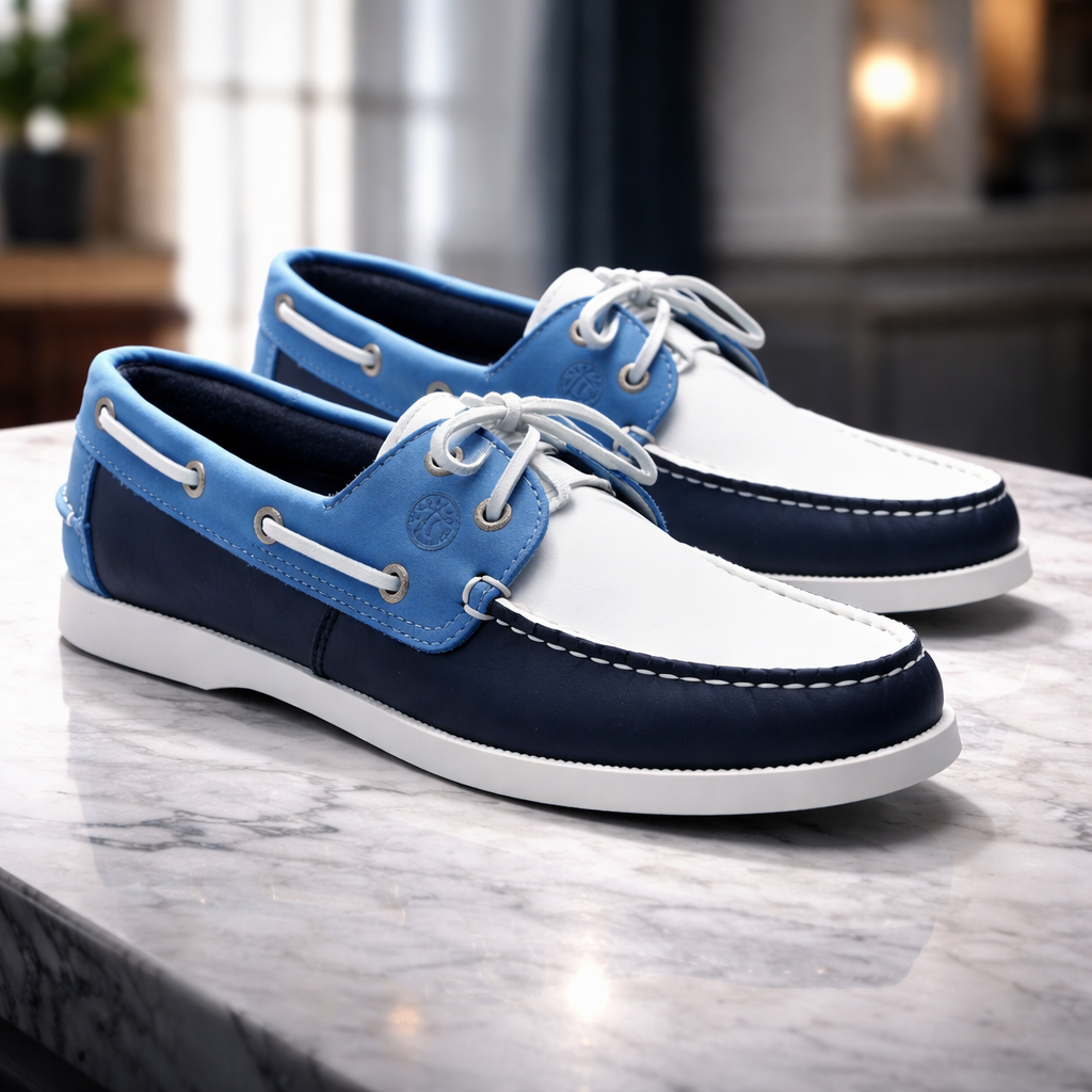 Mocasines Artesanales de Cuero Azul y Blanco — Elegancia Casual para Hombre